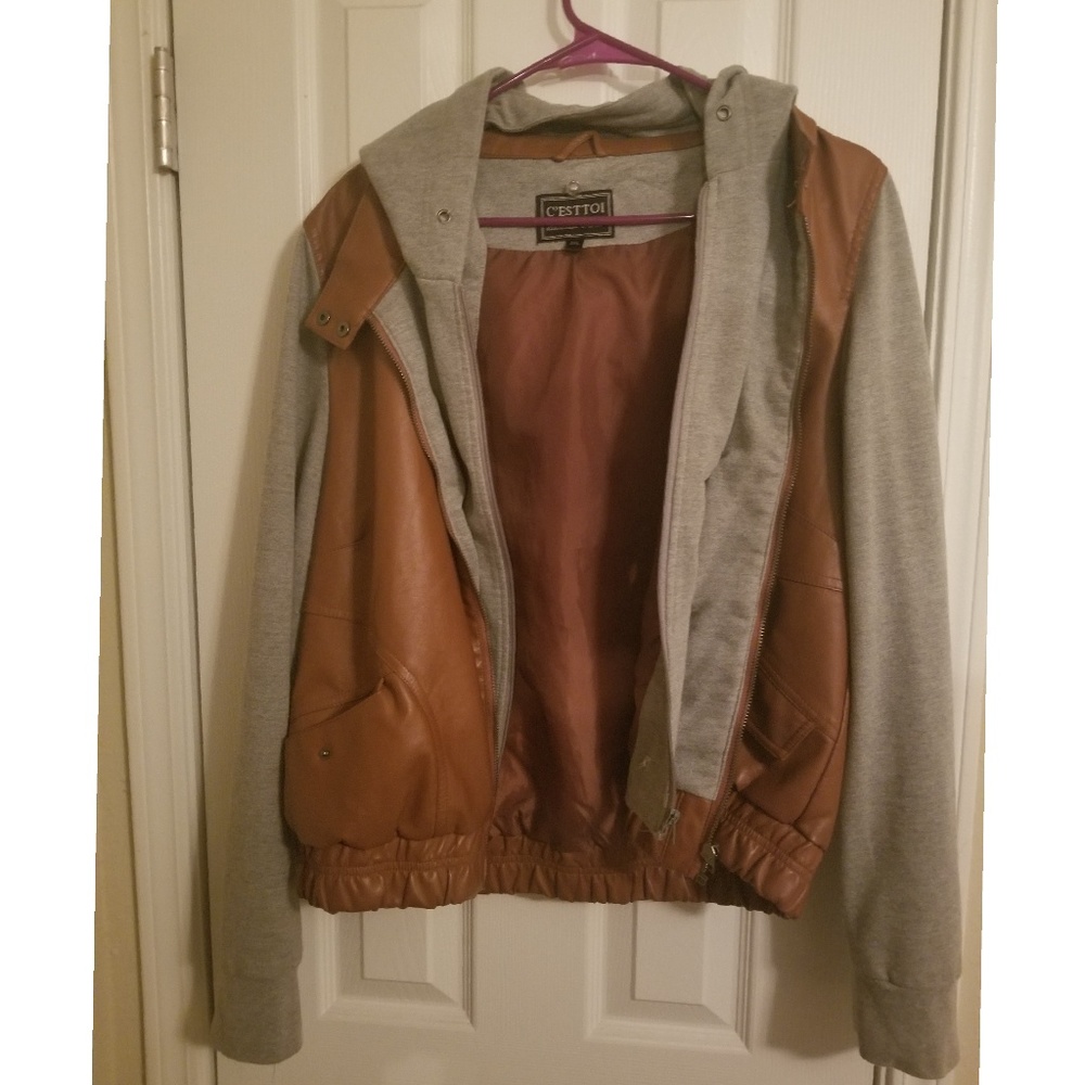 Gray and Brown Faux Leather Jacket